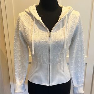 Elegant White Heart Patterned Women's Cardigan Size XXS